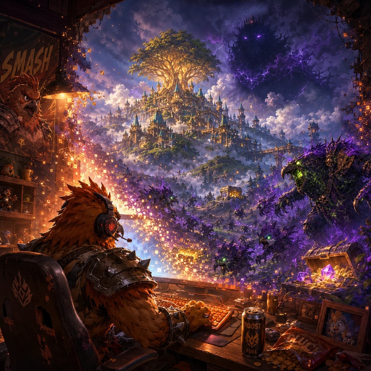 A lone hero at their desk, adventuring through the vast Roostlands